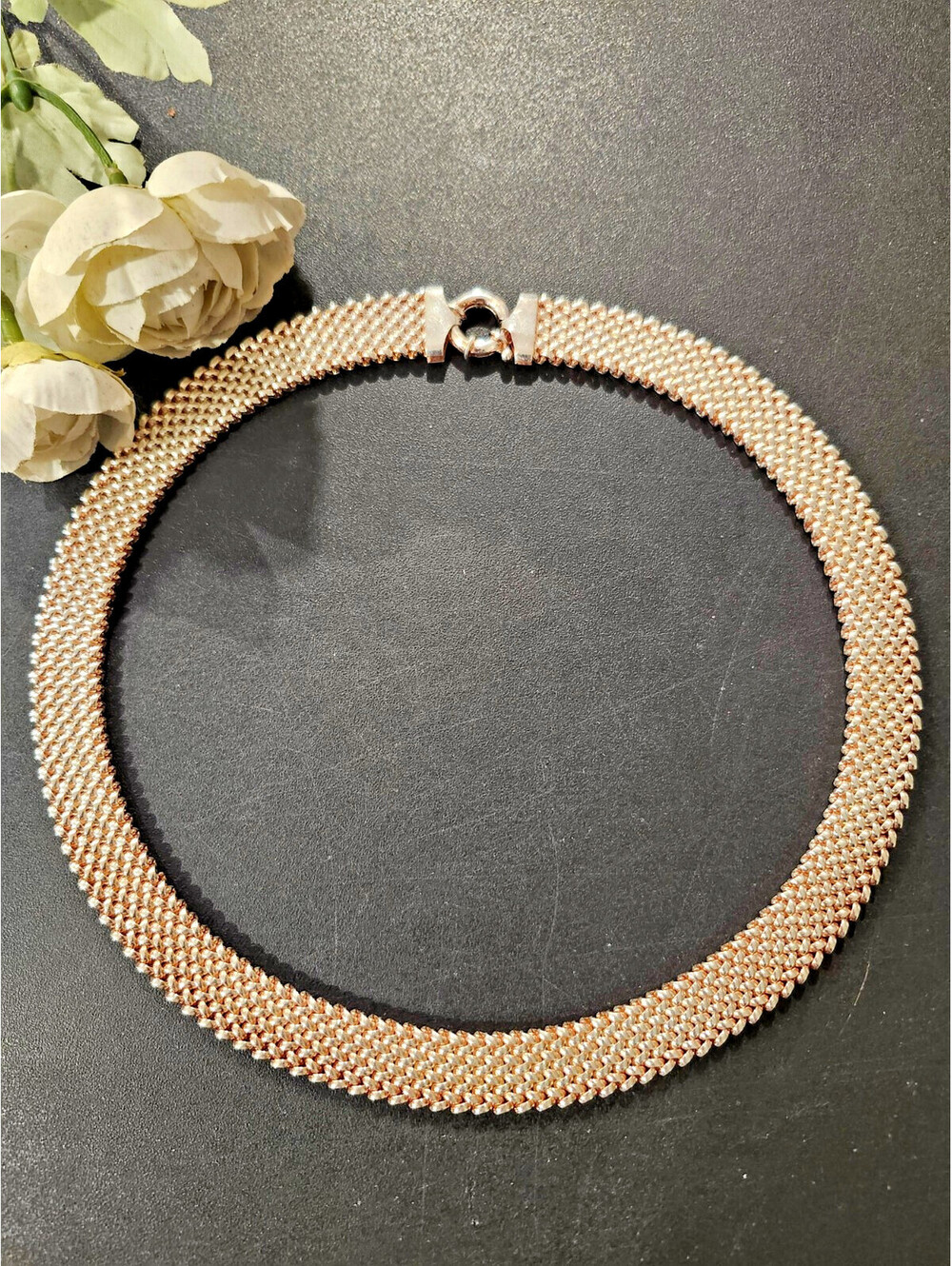 Sterling Silver .925 Italy Large 114 Grams Mesh Necklace Rose Gold Plated BEAUTY
